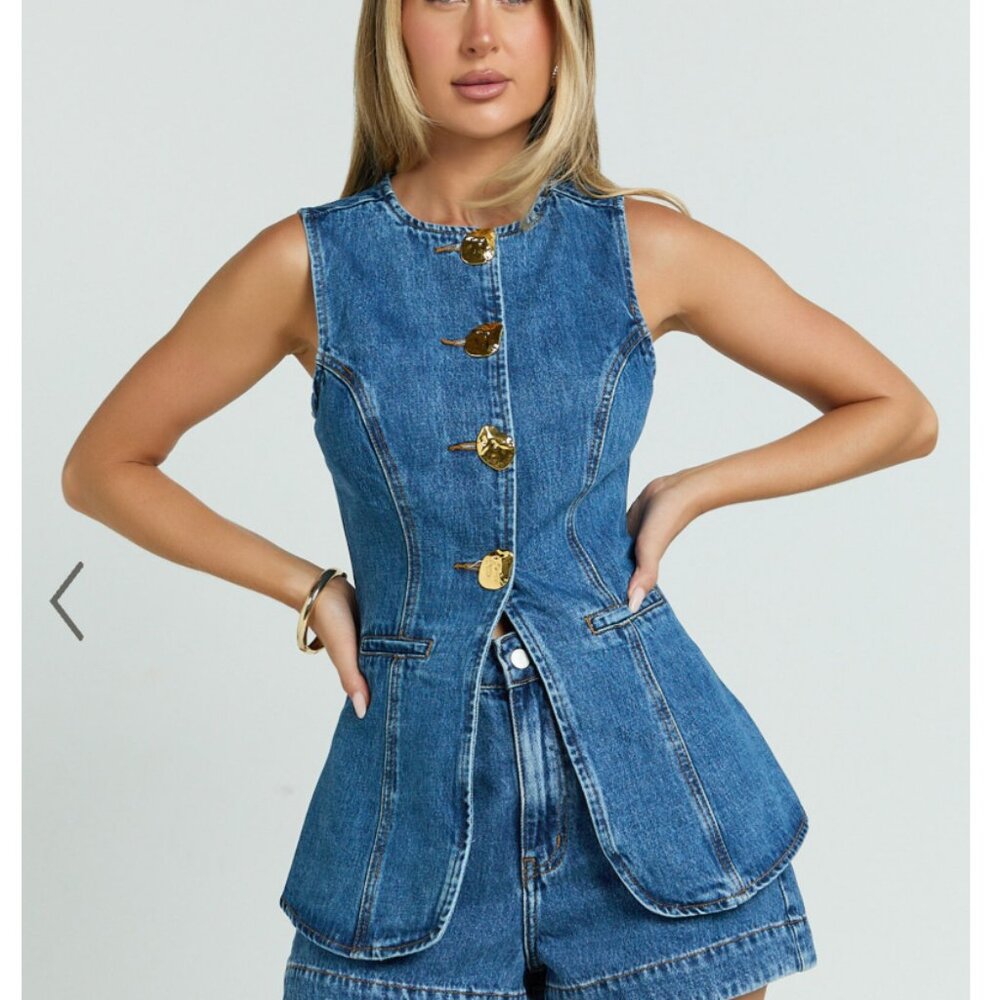Rhianna Top - Detailed Button Down Longline Recycled Denim Vest Top in Dark Blue